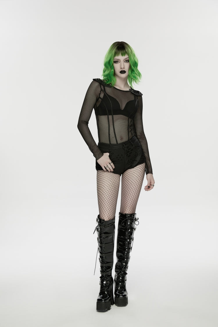 Black Low Waisted Cut-Out Irregular Eyelet Women's Punk Shorts