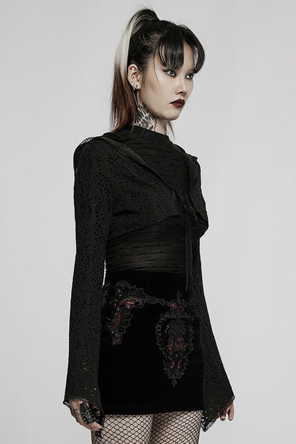 Black Gothic Lace Big Hat Hole Mysterious Horn Long Sleeve Short Women's Coat