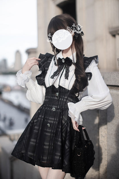 Black Plaid Print Classic College Style Elegant Lolita Strap Short Dress