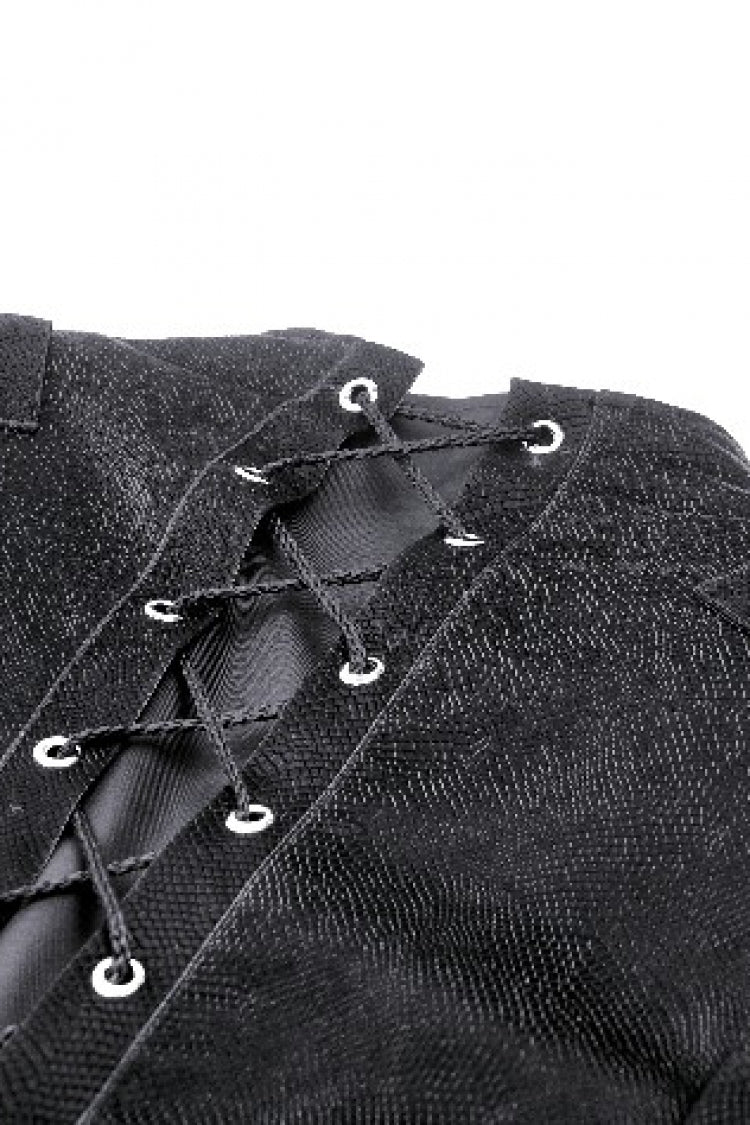 Black Long Sleeves Spliced Lace-Up Women's Gothic High Low Faux Leather Long Tail Jacket