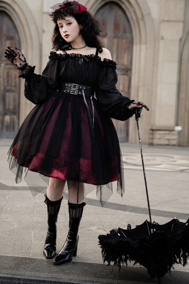 Black Boat Neck Metal Chain Organza Stitching Gothic Lolita OP Dress (Short Version)