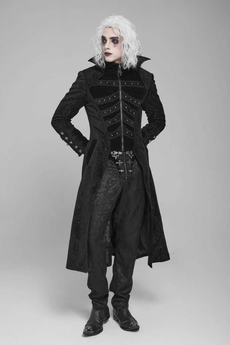Black Diamante Stand Collar Long Sleeves Printed Zippered Men's Gothic Long Coat