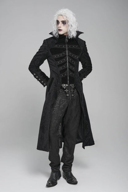Black Diamante Stand Collar Long Sleeves Printed Zippered Men's Gothic Long Coat