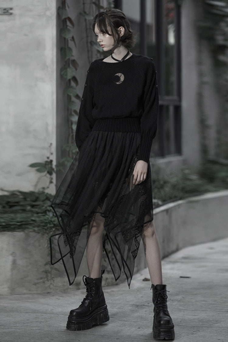 Black Embroidery Lace Asymmetric Hem Women's Gothic Skirt