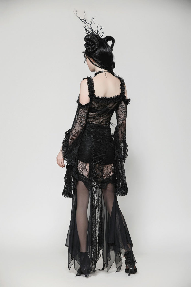Black Lace-Up Mesh Spliced Lace Women's Gothic Fishtailed Skirt
