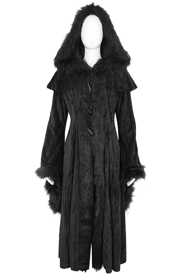 Black Flared Sleeved Fluffy Long Women's Gothic Coat With Hood