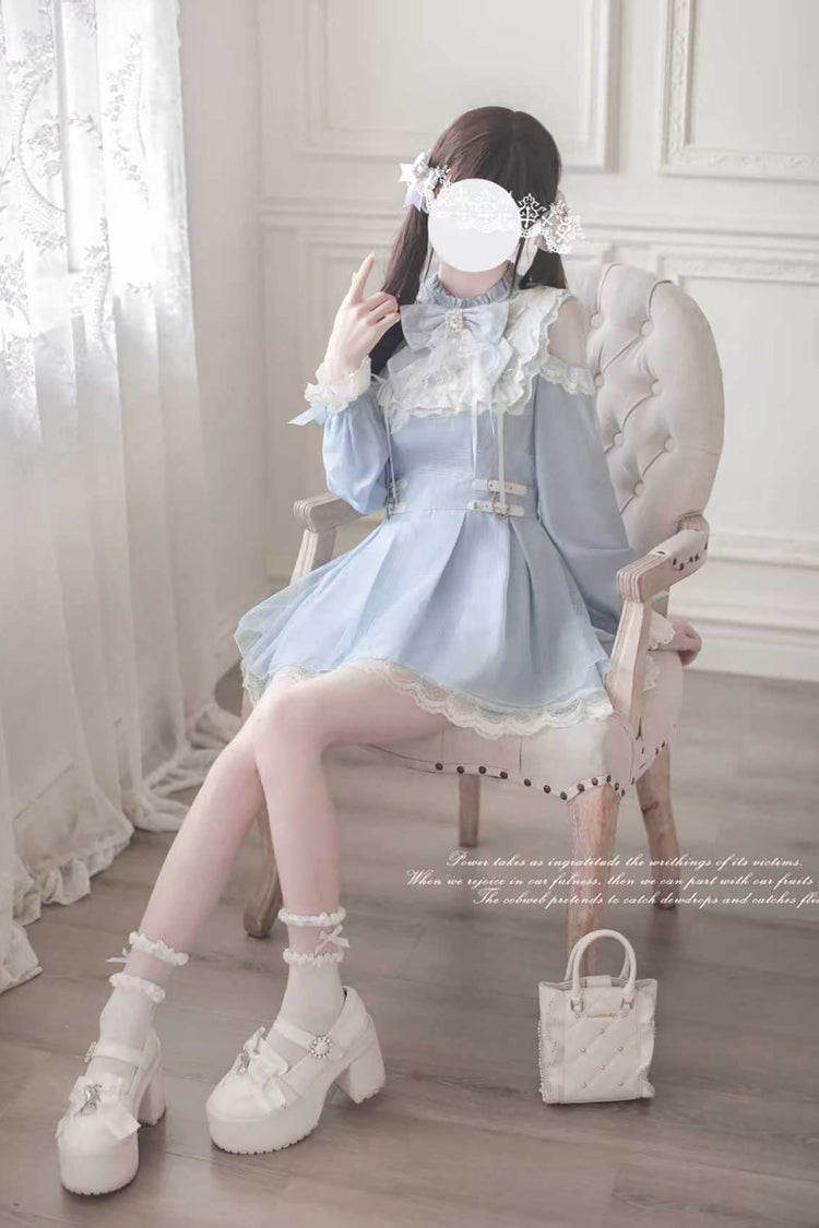 Aqua [Angel Heartbeat] Long Sleeves Bowknot Lace Sweet Jirai Kei Japanese Dress