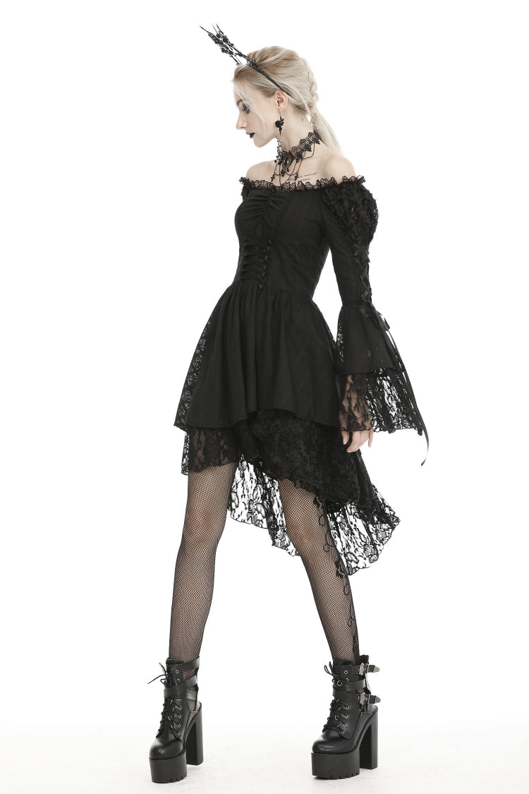 Black Off Shoulder Long Trumpet Puff Sleeves Lace-Up Strappy Mesh Women's Gothic Cocktail Dress