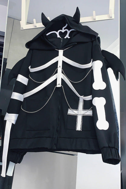 Black Devil Wings Long Sleeves Yabi Chain Bones Hooded Gothic Jirai Kei Coat