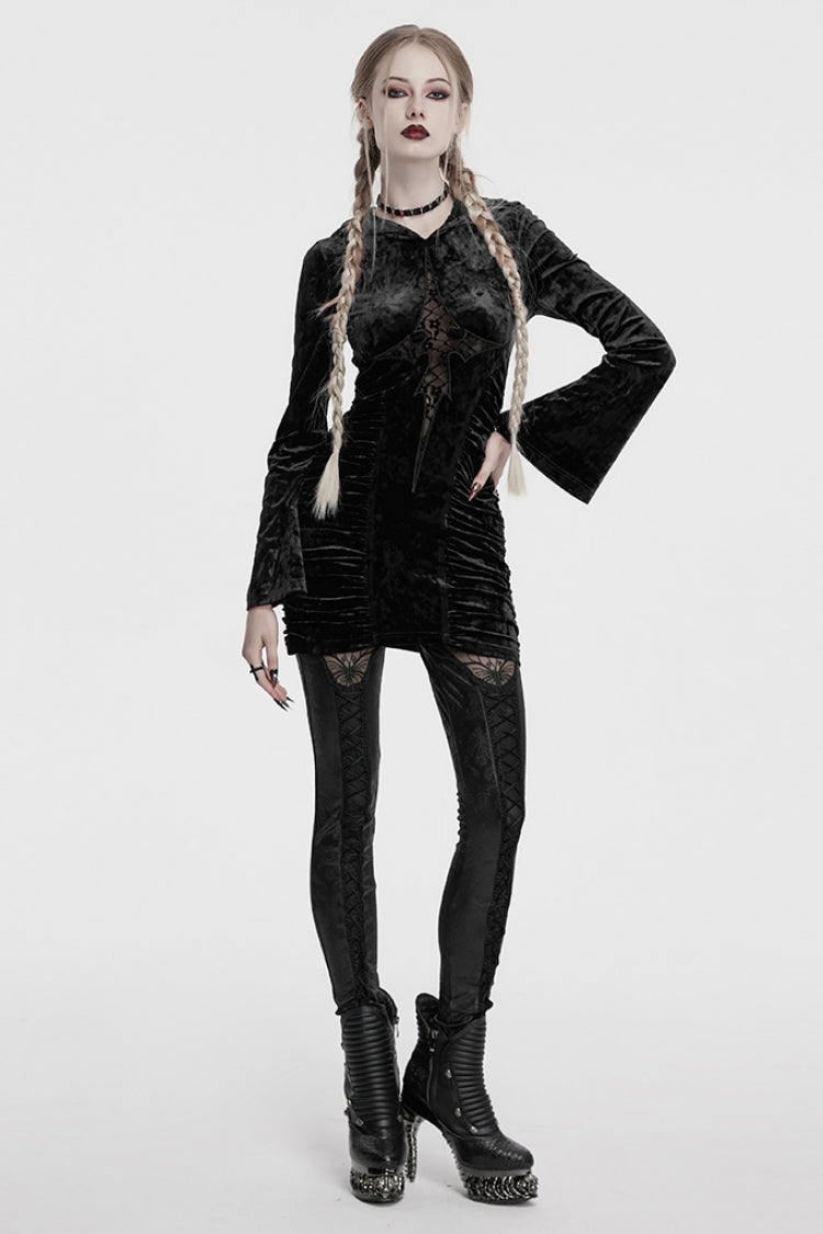 Black Long Sleeves Hollow Cross Stitching Lace Hooded Women's Gothic Dress