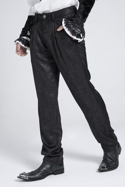 Black Floral Print Embroidery Men's Gothic Suit Pants