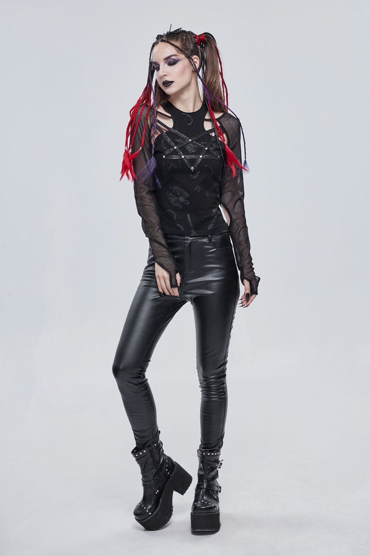 Black Pentagram Leather Striped Long Sleeve Women's Gothic T-Shirt