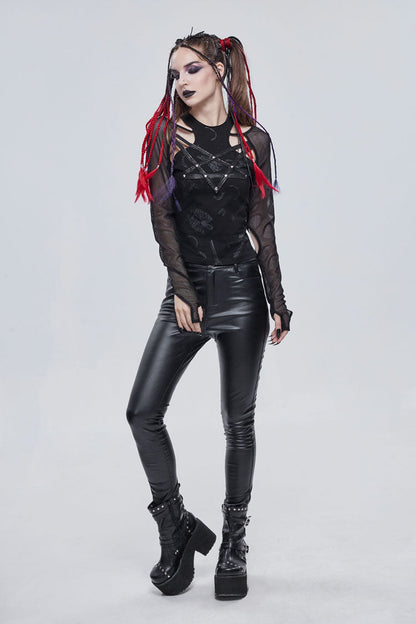 Black Pentagram Leather Striped Long Sleeve Women's Gothic T-Shirt