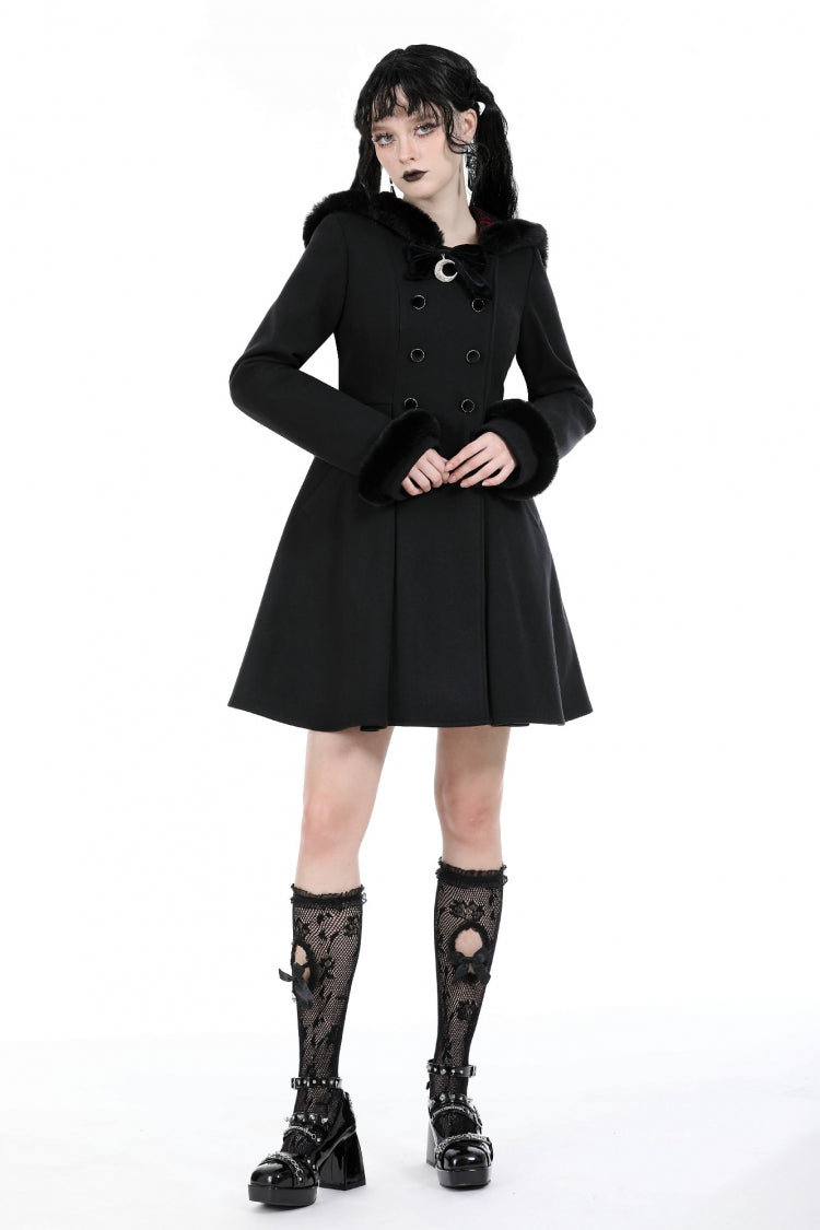 Black Long Sleeves Crescent Moon Bow Spliced Double-breasted Women's Gothic Coat with Cat Ear Hood