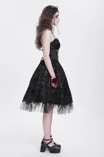 Black Halterneck Skeleton Print Embroidery Stitching Lace Women's Gothic Dress