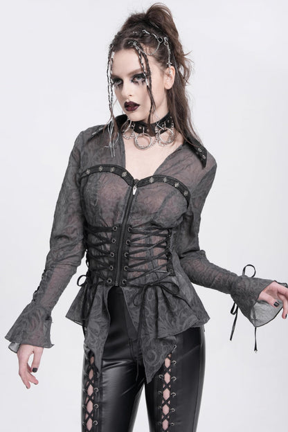 Black Long Sleeves Embroidery Lace-Up Irregular Sheer Women's Gothic Blouse