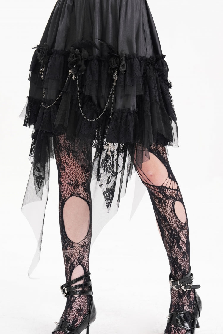 Black Cross Chain Ruffle Lace Irregular Hem Women's Gothic Skirt