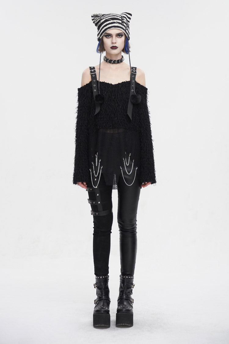 Black Irregular Off Shoulder Fluffy Women's Punk Sweater