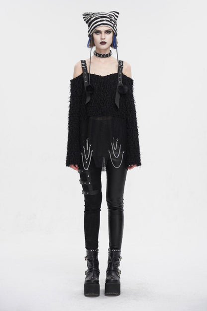 Black Irregular Off Shoulder Fluffy Women's Punk Sweater