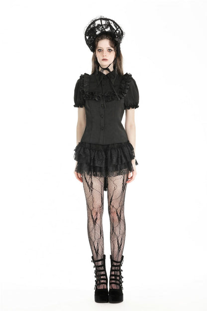 Black Multi-Layered Lace Women's Gothic Puffy Skirt with Detachable Swallow Tail