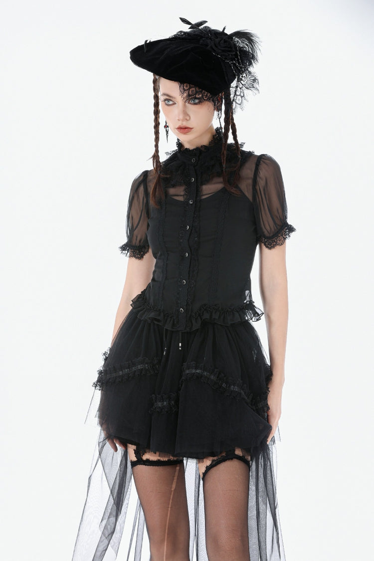 Black Multi-Layered Ruffled Lace Short Puff Sleeves Sheer Women's Courtly Gothic Blouse
