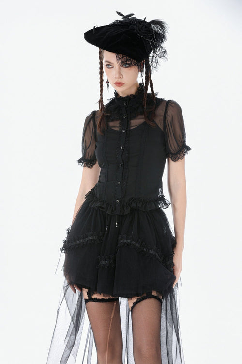 Black Multi-Layered Ruffled Lace Short Puff Sleeves Sheer Women's Courtly Gothic Blouse