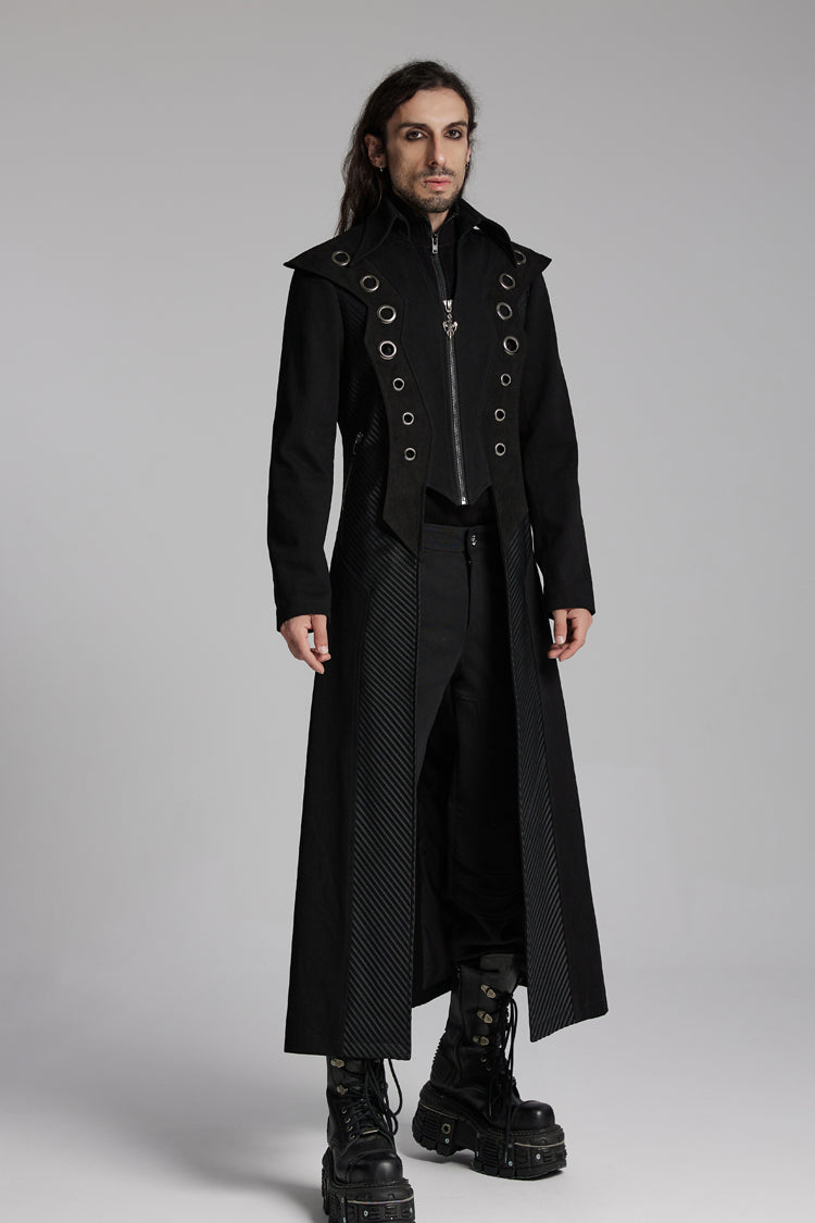 Black Metal Ring Zipper Long Sleeves Men's Punk Long Jacket