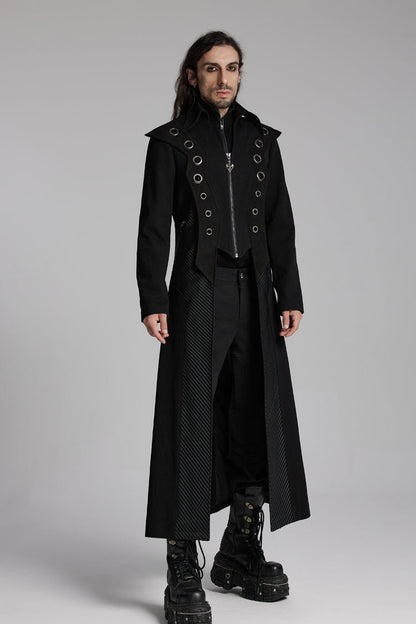 Black Metal Ring Zipper Long Sleeves Men's Punk Long Jacket