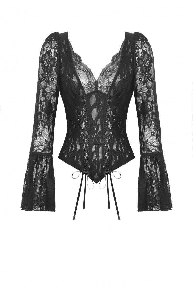 Black Deep V Collar Long Trumpet Sleeves Lace Lace-Up Women's Gothic Corset Top