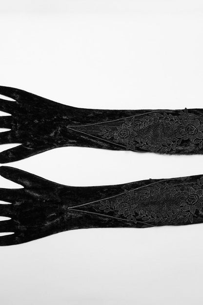 Black Floral Embroidery Lace-Up Women's Gothic Gloves