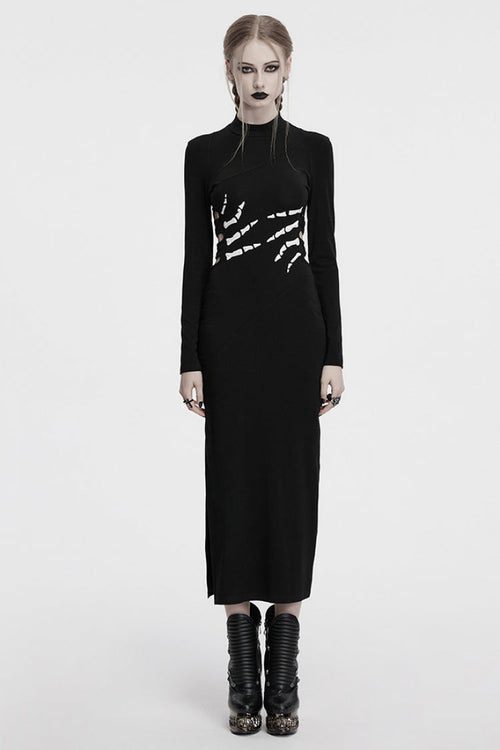 Black Long Sleeves Skeleton Print Cutout Hollow Women's Gothic Dress