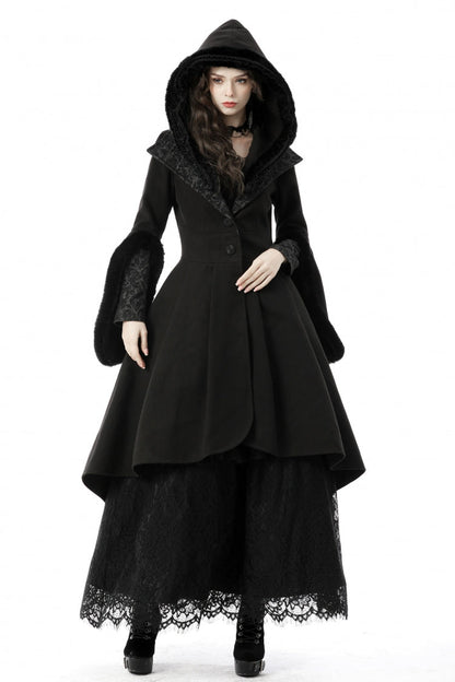 Black Lapel Collar Long Sleeves Women's Gothic High Low Woolen Dovetail Coat with Hood