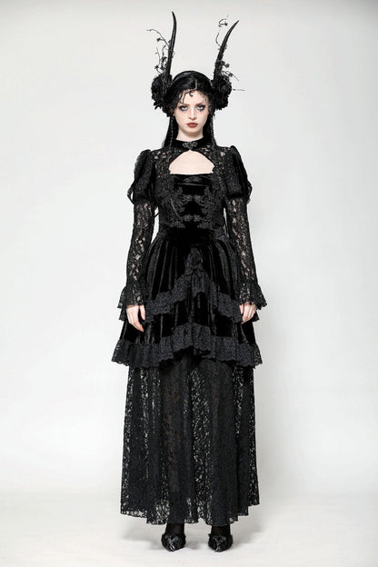 Black Long Puff Sleeves Cut-Out Lace Spliced Velvet Lace-Up Women's Gothic Princess Evening Dress