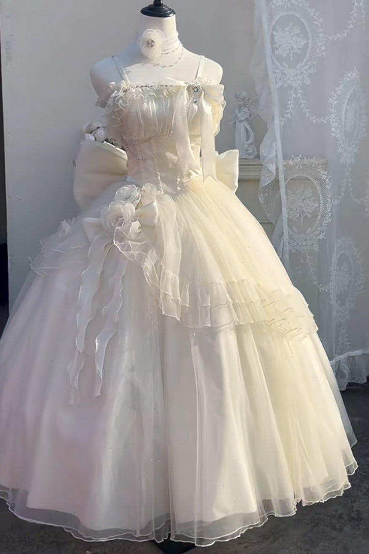 Apricot [Bright Stars] Off Shoulder Ruffle Bowknot Asymmetric Sweet Elegant Princess Lolita Dress