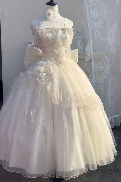 Apricot [Bright Stars] Off Shoulder Ruffle Bowknot Asymmetric Sweet Elegant Princess Lolita Dress