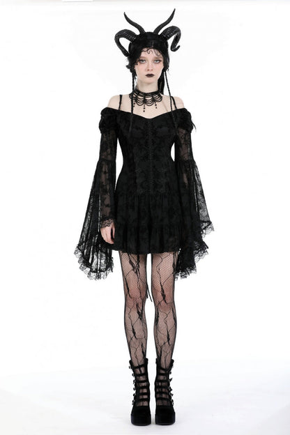 Black Off Shoulder Long Trumpet Sleeves Velvet Spliced Mesh Women's Gothic Graduation Dress