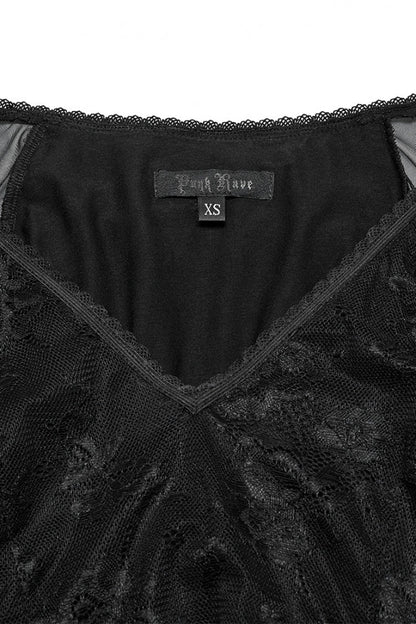Black Long Plunging Batwing Sleeves Hollow Embroidery Women's Punk Dress