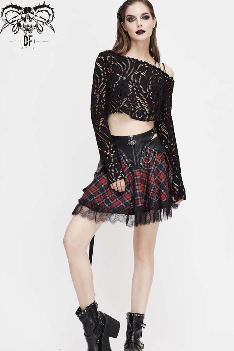 Black Long Sleeve Hollow Out Irregular Collar Coarse Wax Rope Straps Women's Punk Shirt
