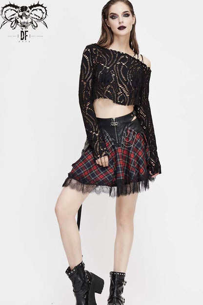Black Long Sleeve Hollow Out Irregular Collar Coarse Wax Rope Straps Women's Punk Shirt