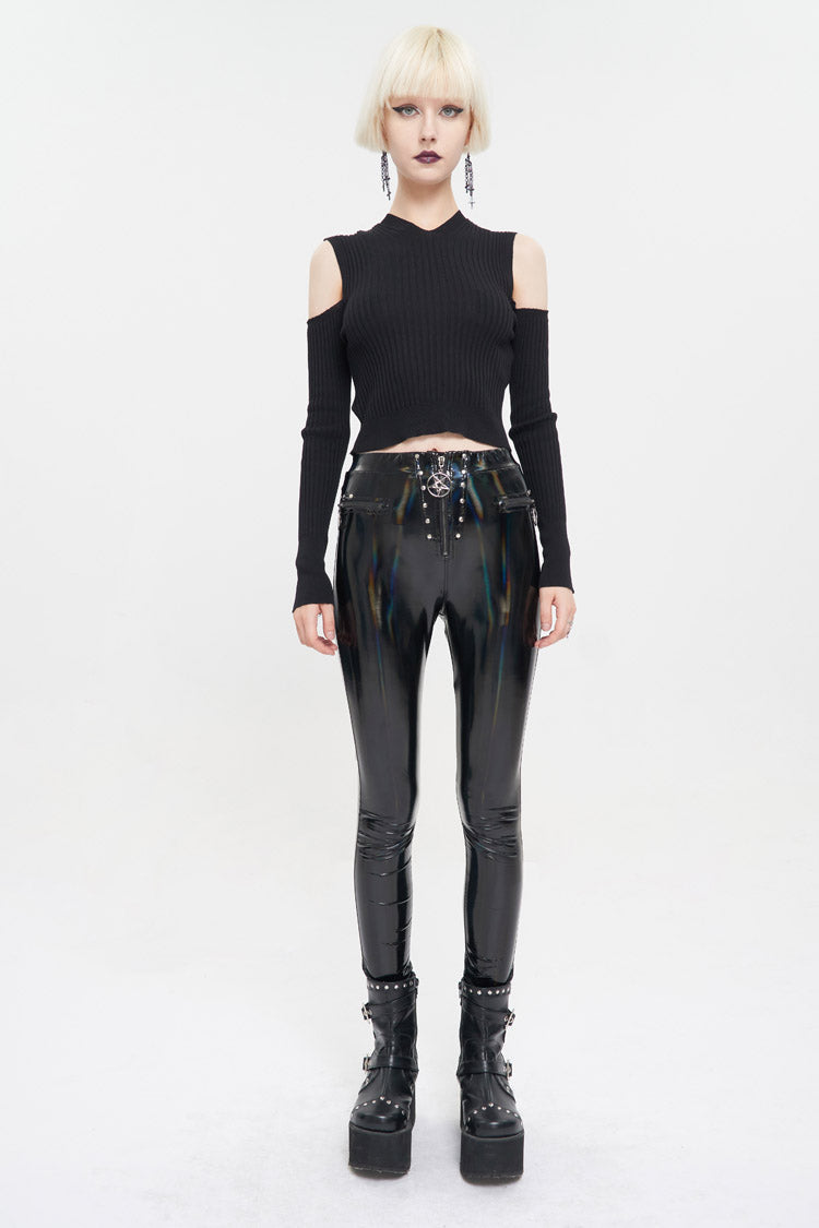 Black Hooded Off-The-Shoulder Back Cutout Rope String Upside Down Pentagram Wool Knit Long Sleeve Women's Punk Sweater