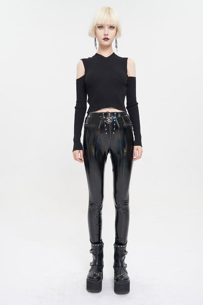 Black Hooded Off-The-Shoulder Back Cutout Rope String Upside Down Pentagram Wool Knit Long Sleeve Women's Punk Sweater