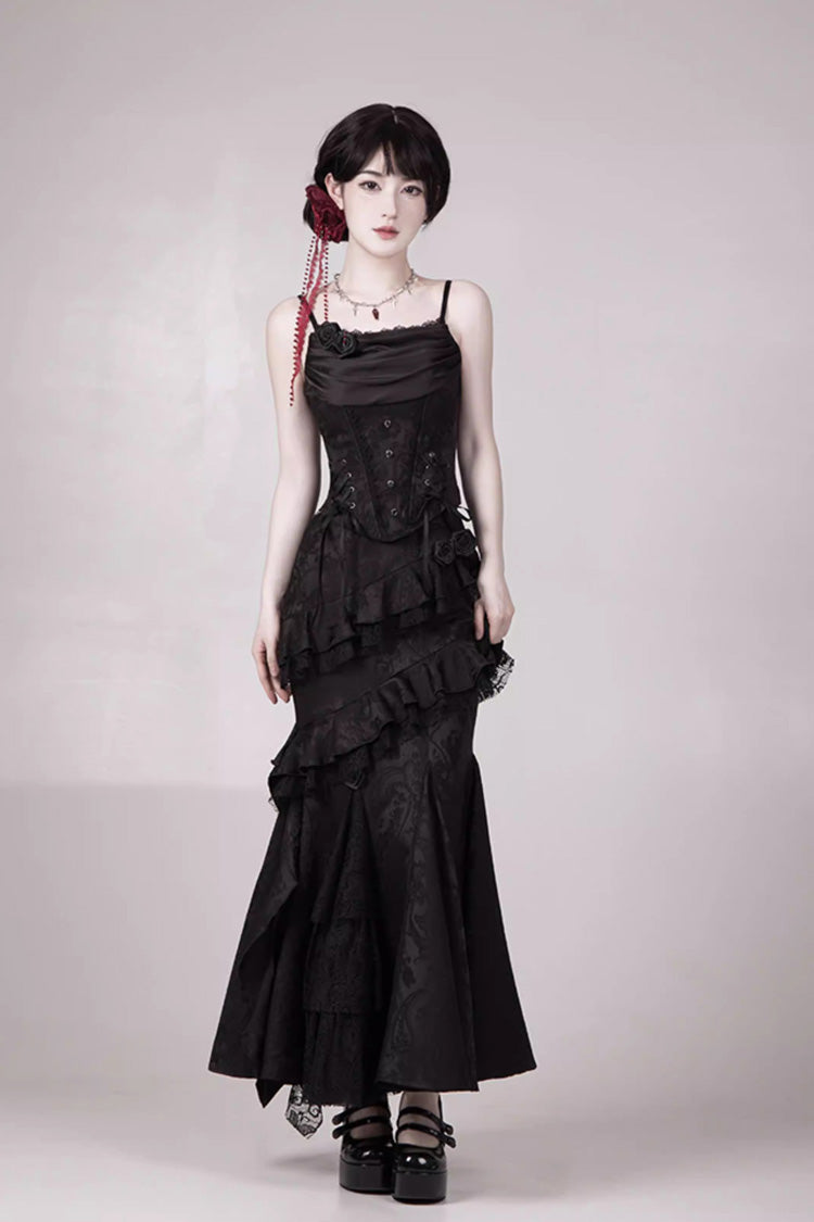 Black  [Letters & Poems · Twilight] Multi-Layered Jacquard Ruffled Witch Gothic Lolita Skirt 2 Versions