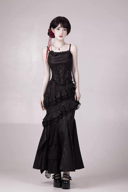 Black  [Letters & Poems · Twilight] Multi-Layered Jacquard Ruffled Witch Gothic Lolita Skirt 2 Versions