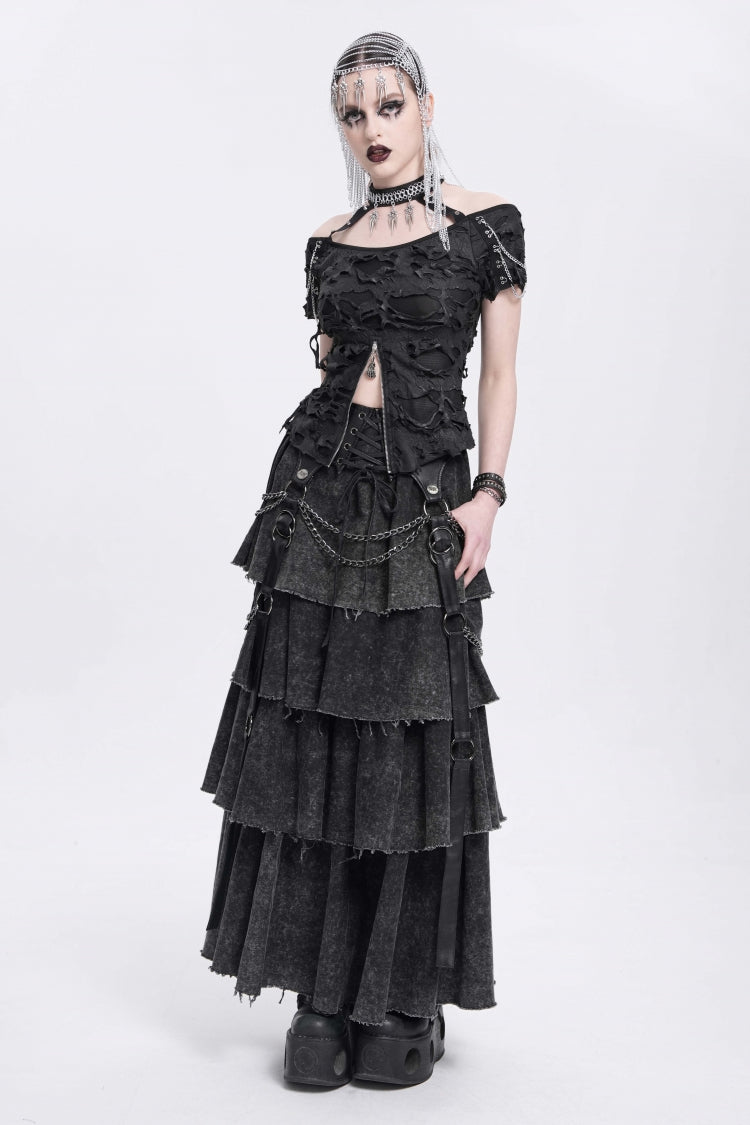 Black Multi-Layered Lace-Up Chain Women's Punk Skirt