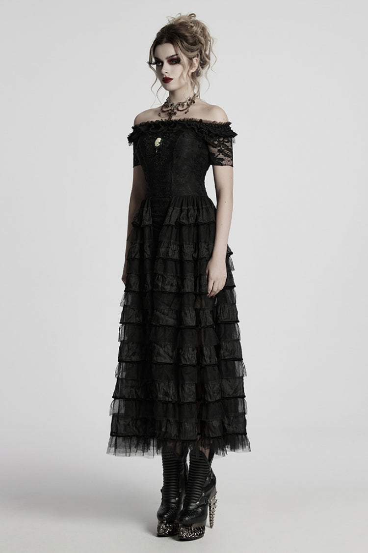 Black Off Shoulder Short Sleeves Multi-Layered Embroidery Women's Punk Dress