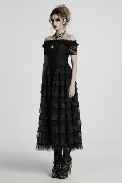 Black Off Shoulder Short Sleeves Multi-Layered Embroidery Women's Punk Dress