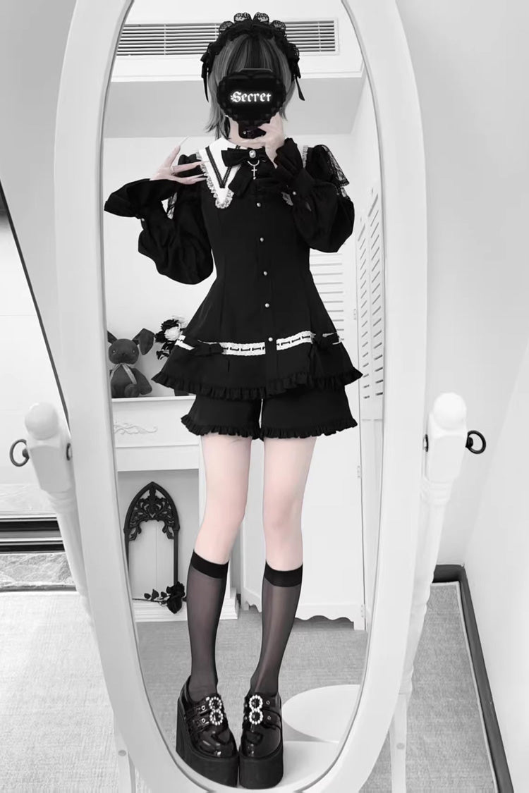 Black Long Sleeves Ruffled Bow Gothic Jirai Kei Dress Shorts