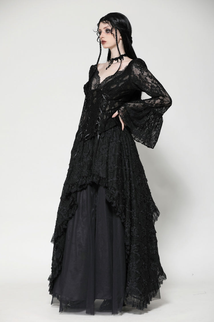 Black Deep V Collar Long Trumpet Sleeves Lace Lace-Up Women's Gothic Corset Top