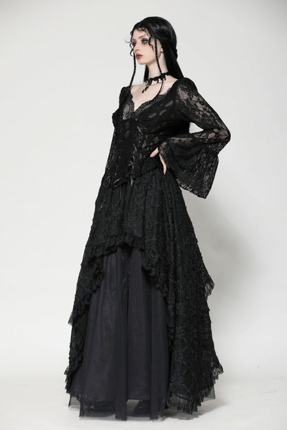 Black Deep V Collar Long Trumpet Sleeves Lace Lace-Up Women's Gothic Corset Top