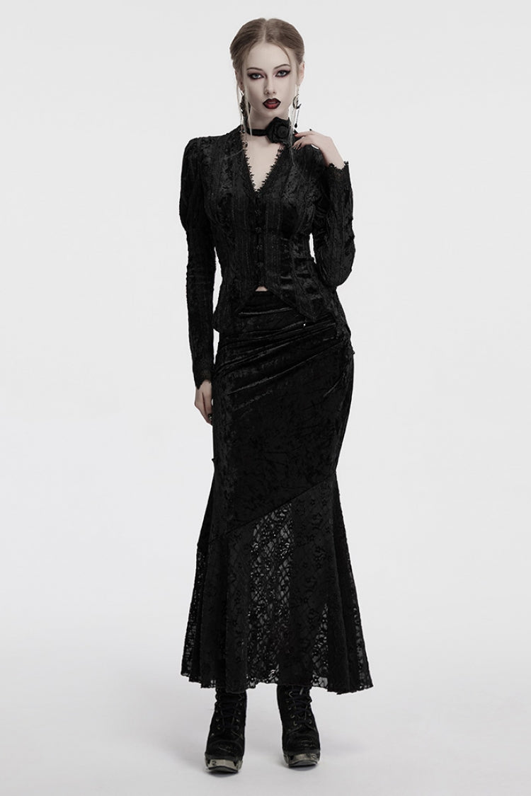 Black Batwing Hollow Embroidery Stitching Lace Women's Gothic Fishtailed Skirt